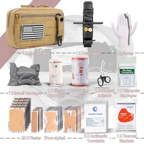 IFAK Trauma Kit with Tourniquet, 4-Inch Israeli Bandage, Elastic Bandages, Set of 34 Pieces Tactical First Aid Kit for Car, Camping, Hiking and Travel - color: Brown