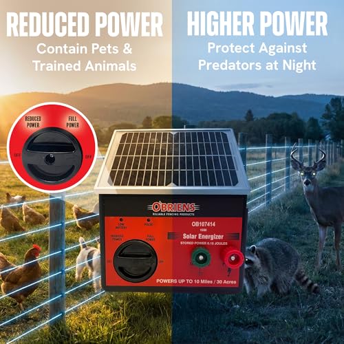 O'Briens Solar Fence Energizer 0.15 Joule | Electric Fence Charger for Up to 10 Miles / 30 Acres | Portable Unit for Poultry, Gardens, Pastures, Livestock Protection & Wildlife Exclusion
