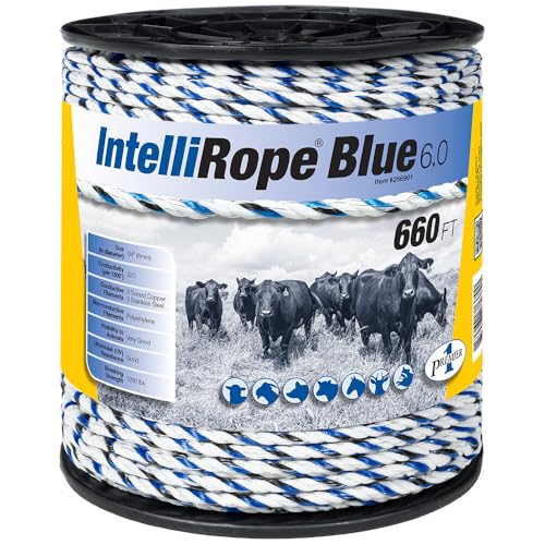 Premier 1 IntelliRope® Blue Electric Fence Rope – 6mm, 660 ft | 3 tinned copper + 3 SS filaments. Superior Conductivity. Blue filaments visible to animals. For horses, cattle & sheep. - size: 660' Spool