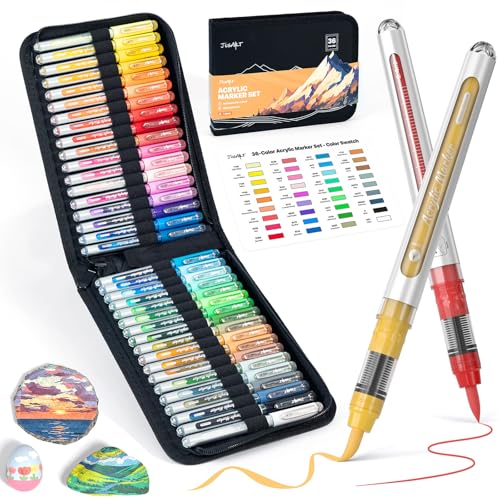 JusArt 36 Colors Acrylic Paint Markers Brush Tip, Automatic Ink Control | Water-Based Paint Pens with Canvas Bag, Waterproof Markers DIY Art & Crafts -Fabric, Rock, Wood, Glass, School Classroom Use - color: 36 Colors