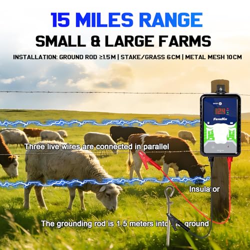 12KV DC AC Powered Electric Fence Charger, 15 Miles 4 Joules Pulse | Waterproof EF-03 Fence Kit for Livestock & Farm, Includes Warning Signs, LED Indicator, for Animals Poultry Ranches Gardens - color: Blue