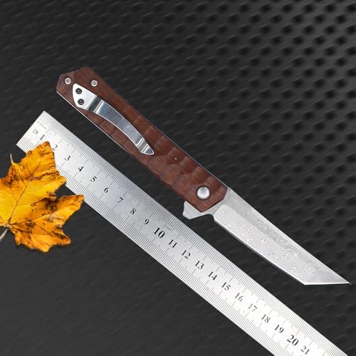 allvin R8406 Damascus Flipper Knife VG10 Damascus Steel Tanto Point Blade Rosewood with Steel Sheet Handle Outdoor Fishing EDC Pocket Knives