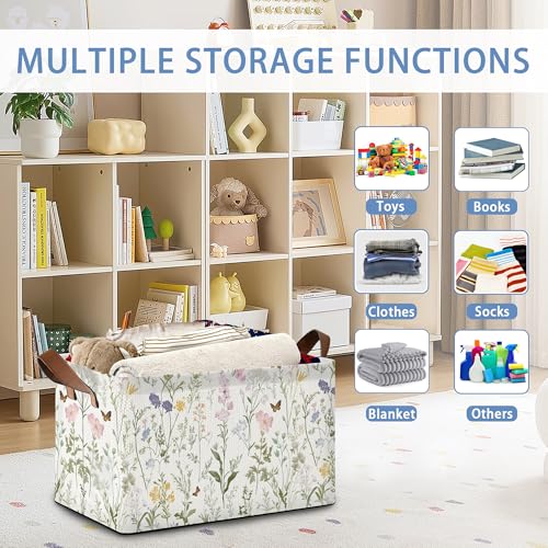 Wildflowers Butterfly Storage Baskets,Plants Botanical Foldable Large Capacity Organizer Bins with Waterproof Lining and Leather Handles for Closet,Shelf,Bedroom 17x11.5x10Inch - color: Wildflowers Butterfly Plants Botanical