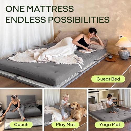 ZonLi Japanese Floor Futon Mattress 100% Cotton Washable Cover Foldable | 75" x 39" Twin Size 4" Thick Tatami Mat Sleeping Pad, Roll Up Floor Lounger Bed for Guest, Dormitory, Camping & Travel - color: Grey, size: Twin(75"L x 39"W x 4"Th)