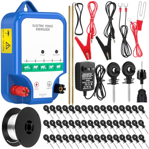 Electric Fence Kit, 8 Mile 12kV 2J Electric Fence Charger AC/DC Powered with 50 Insulators, Socket Tool, 250ft Aluminum Wire for Livestock Control(Classic Ver.,Blue) - style: Classic Ver