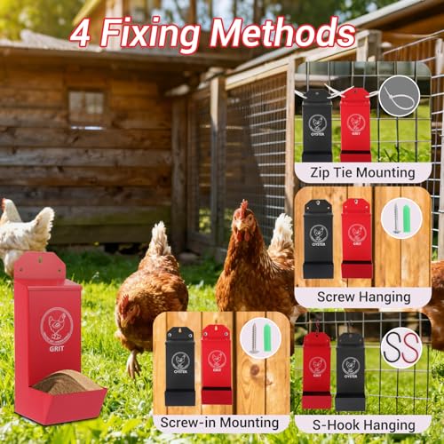 2-Pack Metal Chicken Grit Feeder & Oyster Shell Feeder with Lid - Hanging Gravity Poultry Feeder for Chickens, Ducks, Quail - Rain Proof Chicken Coop Accessories - Wall Mount Chicken Feeders No Waste