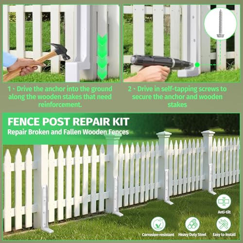 Fence Post Repair Stakes Kit, White, 1-Pack | 1/8" Thickened Carbon Steel, One-Piece Structure, Heavy Duty Ground Anchor Stake - color: White/1 Pack