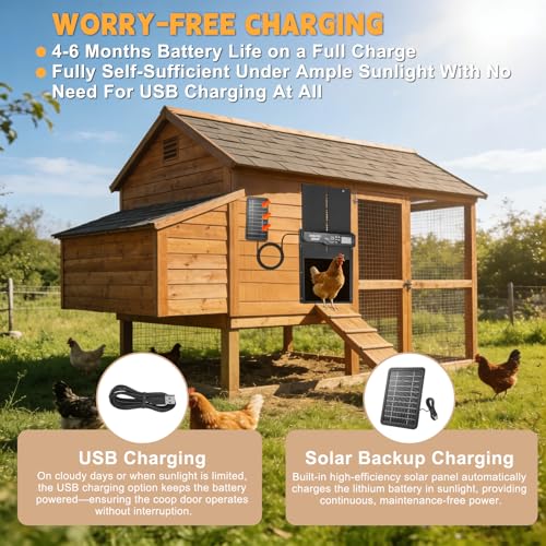 Solar-Powered Automatic Chicken Coop Door with LCD Display, Timer & Light Sensor, 4 Operation Modes, Aluminum Alloy Construction, 20M Remote Control – Secure and Convenient Poultry Door