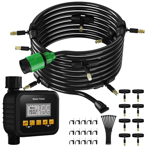 Misters for Outside Patio with Timer, Misting Cooling System with 33FT Hose and 8 Brass Nozzles, 9 Modes, 3/4” NPT Faucet Adapter, Automatic Misters for Chicken Coop Backyard Garden Porch Gazebos