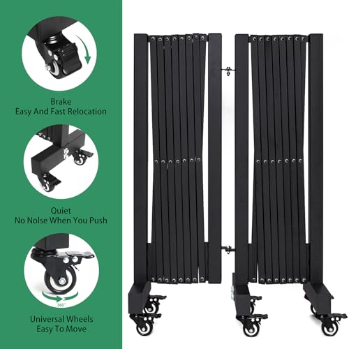 23FT Industrial Expandable Barricade Folding Security Gate with Wheels,Retractable Driveway Gate with Aluminum Fence Black - color: Black, size: 23 feet