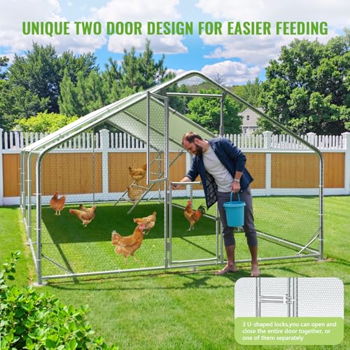 Large Metal Chicken Coop Runs for Yard with Cover, 10x20x6.5 | Perch Bars, Split Doors, Waterproof Covers, Mesh Wire - size: 236.2"L x 118.1"W x 78.7"H