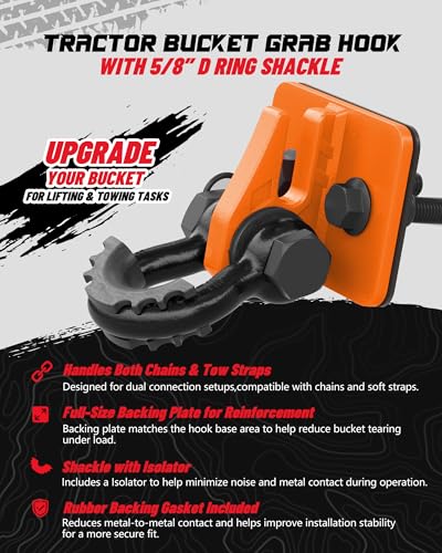 Tractor Bucket Grab Hook with 5/8" D-Ring Shackle Combo, Bolt-On Tow Hook and D-ring Shackle, Matching Backing Plate, Rubber Gaskets & Isolators, 20000LBS Breaking Strength, 2 Set, Orange&Black - color: Orange&Black