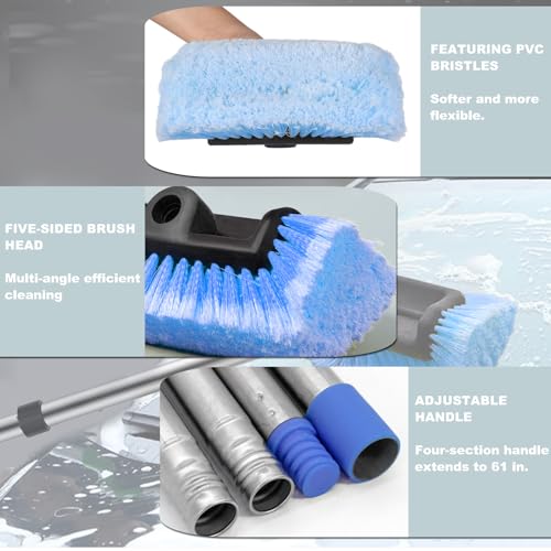 Car Wash Brush with Long Handle – Five-Sided Soft Bristle Brush for Car, Truck, SUV, RV, Boat & House Siding Cleaning(Blue) - color: Blue