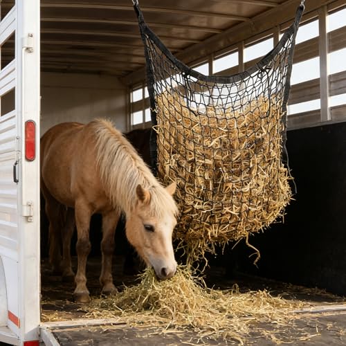 2 Pcs 31x28in Slow Feed Hay Nets for Horses Hanging Hay Bag Black | Large Capacity,All-Day Feeding Hay Feeder for Goats Sheep Donkey & Trailer,Durable Mesh Design