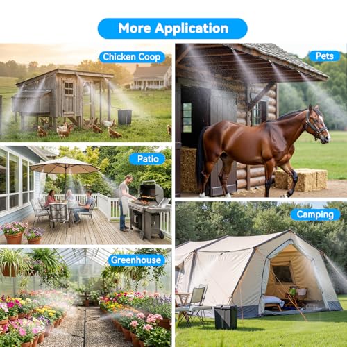 Portable Misting System, Outdoor Water Misters for Outside Patio Umbrella Cooling with Rechargeable Water Pump (Consecutive 8Hrs), 9L Bucket, 26FT Hose, for Tailgating, Camping, Canopy, Sport