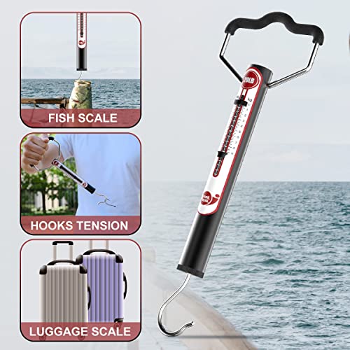 50 LB Aluminum Spring Fish Scale with Peak Marker & Zero Reset | Mechanical Tube Fishing Weighing Gauge with Hook, Non-Digital Hand Held Pull Weigher, Hanging Drag Weight Scale - color: 50lbs
