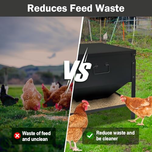 Metal Chicken Feeder No Waste, Large Capacity Poultry Feeder, Adjustable Galvanized Steel Chicken Coop Feeder with Lid and Handle