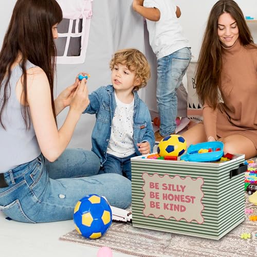 Inspirational Nursery Storage Bins Box with Handles, Be Silly Honest Kind Motivational Pink and Green Striped Collapsible Basket Organizer for Kids Room Bedroom Bathroom Books Clothes - color: Color24