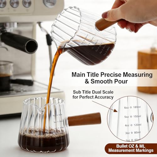 2 Pack Espresso Measuring Cups 6 Oz (180ml), Glass Milk Frothing Pitcher with Wood Handle, V-Shaped Spout with Oz & ML Markings, Heat-Resistant Espresso Shot Cups for Coffee, Milk
