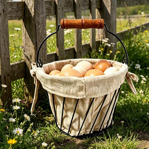 Wire Egg Basket for Gethering Fresh Egg,Egg Collection Basket | removable Colth liner Farmhouse Egg Basket for Gathering Fresh Eggs for Kitchen Countertop, Reusable & Durable