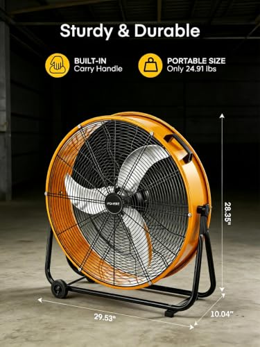 FOHERE 24 Inch High Velocity Industrial Drum Fan, Up to 8,900 CFM | 3-speed control, 360-degree tilt, metal frame, wheels, for garage, warehouse, workshop, gym, barn