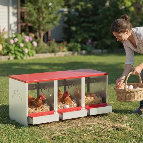 Chicken Nesting Boxes 3 Hole, Large Metal Hen Laying Box with Swing Perch | Roll Away Egg Collection, Wall Mountable with Vented Holds for Chickens Ducks Birds - size: 12.2"L x 9.9"W x 15.4"H