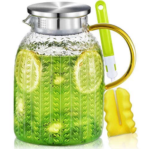 Aofmee 60oz Glass Pitcher, Water Pitcher with Lid, Iced Juice Jugs for Fridge, Glass Carafe for Cold or Hot Beverages, Sun Tea Jar, Easy Clean Heat Resistant Jug for Milk | Thickened Borosilicate Glass Iced Tea Pitcher, Drip-free Spout, Heat/Cold Resistan