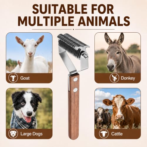 Abbylike 2-sided Livestock Shedding Comb Grooming Dematting Brush Shedding Undercoat Rake for Cattle Horse Goat Cow Pets with 20 Steel Blades and Wood Handle - style: 2-sided