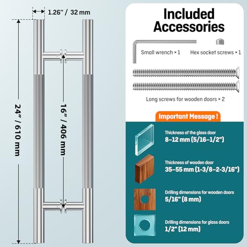 Ranbo 24" Knurled Door Pull Handle, 16"(406mm) CTC, Polished Chrome | Heavy Duty 1.5mm 304 Stainless Steel, Back to Back Pull Handles for Interior/Front /Barn/Commercial/Entrances, Enhanced Grip - size: 24 Inch