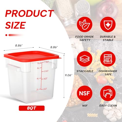 4 Pack 8QT Square Food Storage Containers with Lids | Clear NSF polycarbonate containers with scale, label and measuring cup, stackable for prep, storage, freezer. Dishwasher safe - color: 8Qt