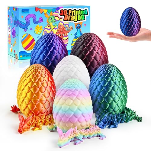 Impossmaker 8" 3D Printed Easter Dragon Eggs with 3D Printed Dragon Inside, Easter Basket Stuffers Mini Dragon Egg Set Articulated Crystal Dragon Fidget Toy for Adults Teens - style: 6P-S2