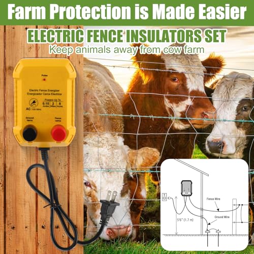 Electric Fence Charger Kit 0.15J 2 Mile 50 Insulators 250ft Wire | 110VAC Plug in Energizer, Aluminum Wire for Poultry Pets, Socket Tool, Garden Pond Protection, AC Powered Outdoor Containment - style: 0.15 Joule