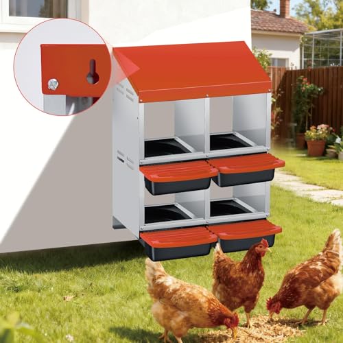 Galvanized Steel 2-Tier 4 Compartment Chicken Nesting Box with Pull Out Tray, Roll Away Nest Boxes for Laying Hens Egg Collection, Wall Mount Poultry Nest Box for Coop with Handle, Orange - color: Orange, size: 2 Tire 4 Compartments
