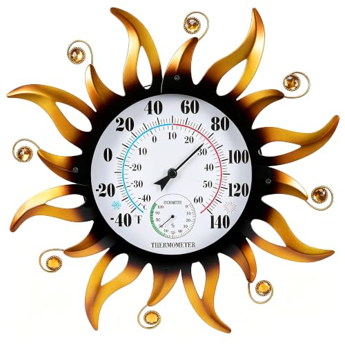 20" Large Outdoor Thermometer, Sun Outside Decor for Patio Yard Garden | Thermometer & Hygrometer Combo, 10" Dial Large Number Wall Mount Temperature Easy to Read, No Battery Needed Waterproof