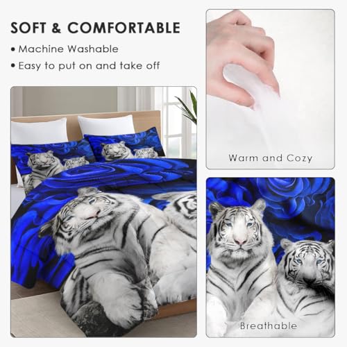 WeCozy Full Comforter Set, 3 Pieces White Tiger Bedding, All Season | Animal Cat Blue Rose Flower Background Soft Comforter with 2 Pillowcases for Kids and Adults Room Bedroom Bed Decor - color: Multi 9, size: Full
