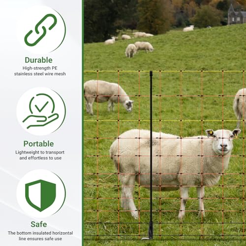 Electric Fence Netting 48"H x 164'L | with Posts and Double-Spiked Stakes, Portable Livestock Nets for Backyards, Homesteads, Gardens, Farms, and Ranches - size: 48"H x 164'L