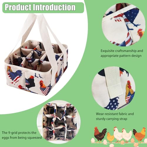 Eggs Collecting Basket, Durable Canvas Egg Basket with Plastic Board, 9-Pouch Chicken Egg Holder Bag for Gathering Fresh Eggs, Egg Gathering Basket and Multipurpose Chicken Holder Bag (American flag)