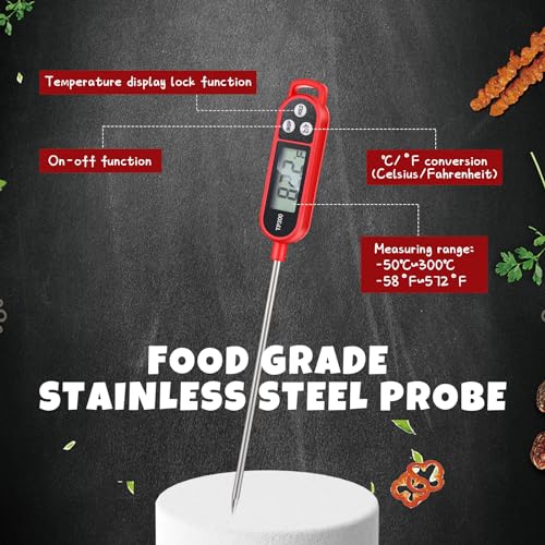 Copkim 6 Pcs Food Thermometer Instant Read Probe BBQ,Red | Waterproof Stainless Probe, Accurate Temperature Reading, Meat Grilling Baking Water Milk Yogurt Cooking Kitchen BBQ - color: Red
