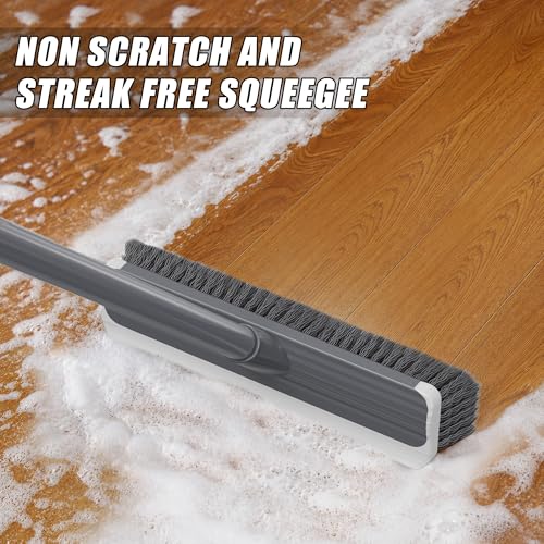 2 in 1 Floor Scrub Brush: Deck Brush with Squeegee | Long Adjustable Handle - 55'' Stiff Bristle Scrape Brush for Deck Patio Garage Shower Bathroom