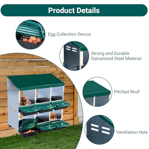 10 Compartment Metal Chicken Nesting Boxes Roll Away Egg Collection with Lid Cover