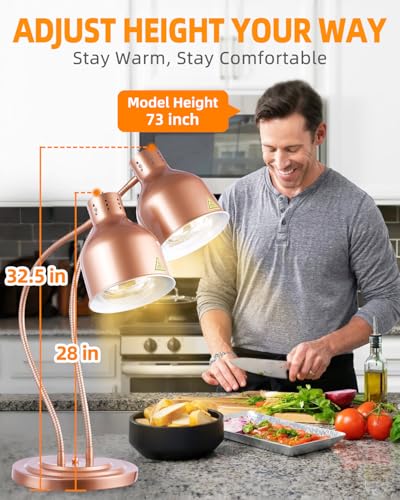 Food Heat Lamp: [Rapid-Heating Bulbs Included] [Steady Heating] Commercial Food Warmer Lamp, Electric Heat Lamp for Food Catering Food Warming Lamp for Buffet Parties (Painted Copper, 32" (2-Head)) | Catering Food Warmer Lamp, Commercial Heat Lamp for Foo