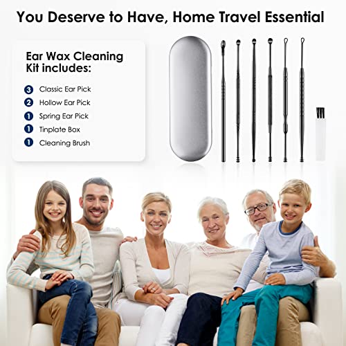Ear Wax Removal Kit Ear Wax Cleaner Ear Wax Remover Black | 6 Pcs Ear Cleaner Stainless Steel Ear Cleaning Kit Spoon and Curette for Adults Reuse Daily Home and Travel Use - color: Black