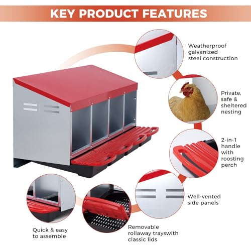 Garvee 4-Hole Roll Away Egg Collection Chicken Nesting Box | Galvanized Steel Nest Box for Laying Eggs - color: Red, size: 4 holes