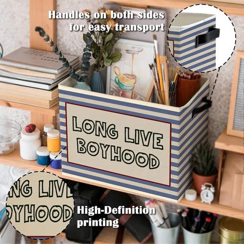 Long Live Boyhood Boys Storage Bins Box with Handles, Retro Blue Striped Collapsible Basket Organizer for Kids Boy Nursery Room Bedroom Bathroom Playroom Books Clothes - color: Color11