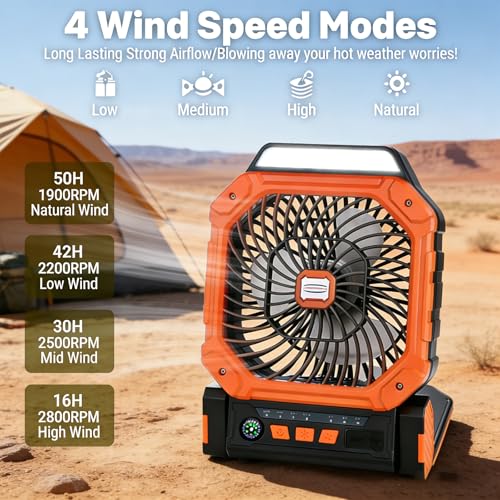 Solar Fan with LED Lantern - 10W Solar Panel Rechargeable Battery Powered Camping Fan for Outside, Portable Battery Operated Hurricane Supplies for Picnic, Barbecue, Fishing, Travel