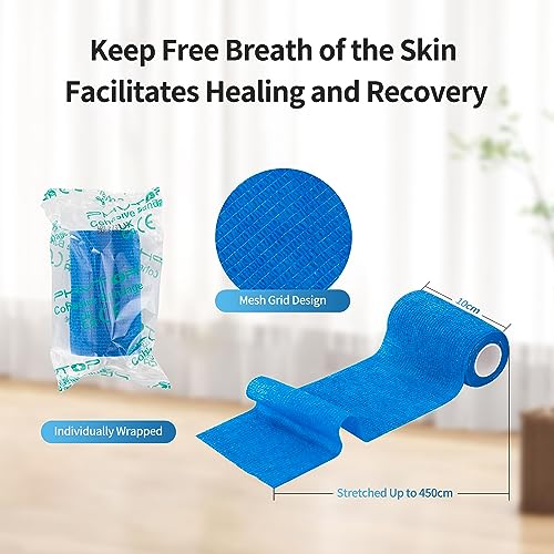 Adhesive Bandage Wrap 12 Pack Vet Wrap 4 inches x 5 Yards, Self Adhesive Cohesive Bandage Tape for Wrist & Ankle Protection (Blue) - color: Blue