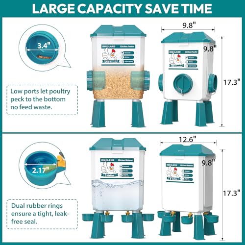 INNOLAND Chicken Feeder and Waterer Set - 3 Gallon/26.5 Pounds | Automatic Chicken Waterer, 4 Cups & 4 Feeder Ports, No Waste Poultry Feeders & Waterers, Chicken Coop Accessories for Poultry