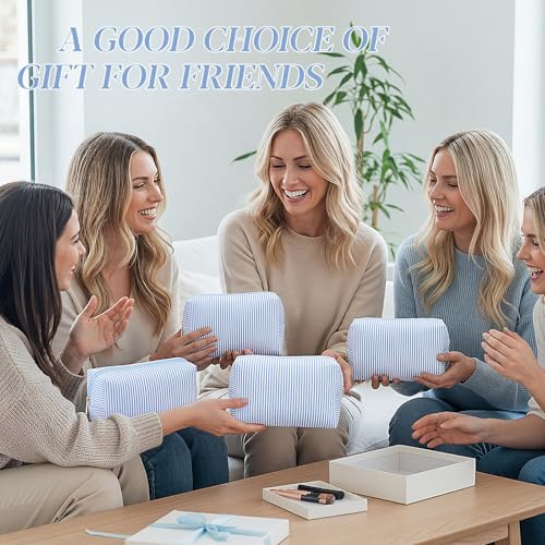 Sanwuta 20 Pcs Seersucker Cosmetic Bags Bulk, Striped Zippered,Light Blue | Makeup Bags Women Pouch, Large Preppy Storage Toiletry Travel Pouch for Wedding Bridesmaid Bride Favor Back to Teacher Gift - color: Light Blue