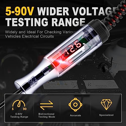 Automotive Test Light 5-90V Digital LED Circuit Tester with Voltage Display, Auto Bidirectional Light Tester, Electrical Voltage Tester with Extended Spring Wire & Probe for Car/RV/Vehicles
