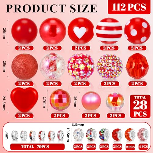 112 Pcs Red Bubblegum Beads for Pens, Spacer Beads | 28 Pcs Pen Beads 14 Styles, 84 Pcs Spacer Beads, Colorful Rhinestone Bead for Jewelry Making,Valentine's Day, Xmas Gifts - color: Red